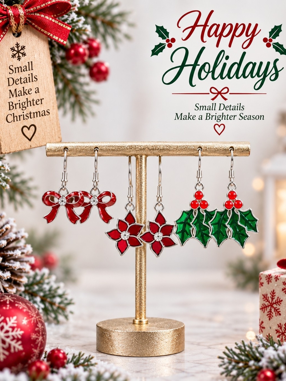 Holiday Enamel Red & Green Earrings Set — Festive Floral, Bow & Holly Designs